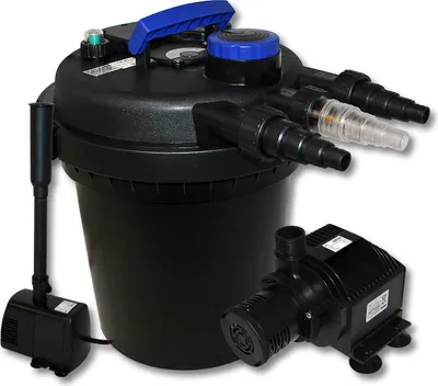 Immagine prodotto di Set completo Wiltec: filtro a pressione per laghetti CPF-180 fino a 6000 litri con chiarificatore UV-C da 11 watt, pompa per laghetti HJ-5000 ECO 4000l/h 65W, pompa per fontane HJ-943 ECO 800l/h 16W
