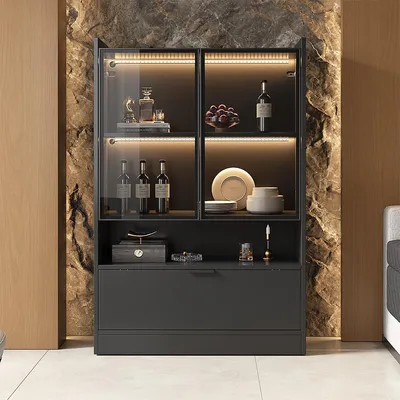 Produktbild von Vitrine mit LED-Beleuchtung Glastüren und Klapptür Hochschrank Aufbewahrungsschrank Wohnzimmerschrank 35 * 80 * 120cm Schwarz