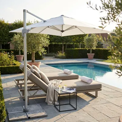 Immagine prodotto di Milani Home - ombrellone da giardino 3 x 3 m palo laterale decentrato in alluminio, telo bianco, per terrazzo, piscina, bar e ristorante