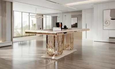 Zdjęcie produktu dla stół jadalny ze złotymi detalami i eleganckim wzornictwem