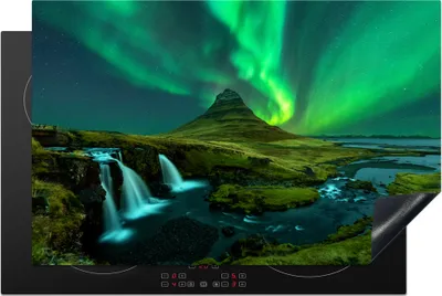 Produktbild von KitchenYeah© Herdabdeckplatte Nordlichter - Wasserfall - Berg - Island , 80x52cm, Küche Deko, Glaskeramikkochfeld Herdabdeckung, Abdeckplatte fùr Kochfeld
