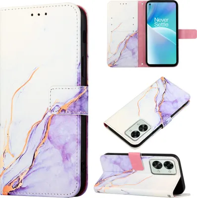 Produktbild von OnePlusNord 2T 5G Hülle, Marmor Motiv Kunstleder Tasche Wallet Kartenfächer mit Standfunktion Klapp Schutzhülle für OnePlus Nord 2T 5G Weiß Lila