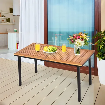 Produktbild von GOPLUS Gartentisch mit Schirmloch, für 6-8 Personen, 140x75x76cm Esstisch mit Holztischplatte Akazienholz, Terrassentisch mit Metallbeine