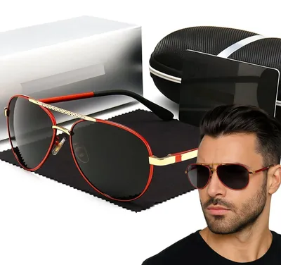 Zdjęcie produktu dla Okulary przeciwsłoneczne polaryzacyjne męskie UV400 pilotki czerwone złote etui ściereczka