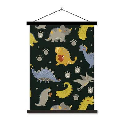 Produktbild von MuchoWow® Textilposter Dino - Kinder - Schnittmuster - Jungen - Mädchen - Dinosaurier 90x120 cm mit schwarzem Rahmen - Dekoration