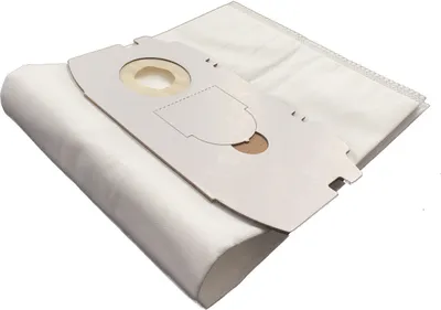 A stack of white vacuum cleaner bags and a cardboard adapter on a white background.