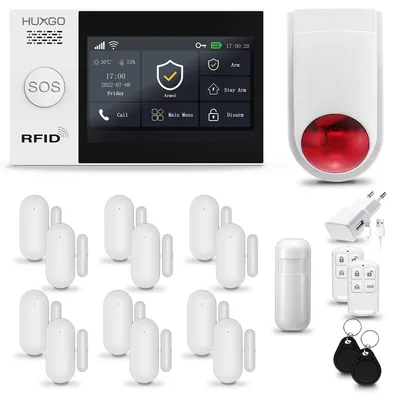 Produktbild von HUXGO HXA007 Alarmanlage Haus WiFi + GSM 2G mit Funk Sirene, Alarm System mit 1x Bewegungssensor und 12x Tür- Fenstersensor, Alarmanlage für Wohnung, Haus, Garage, Tuya Smartlife App