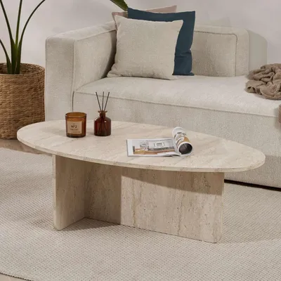 Image de Parona - Table basse, 120x65x40h cm Blanc Marbre, Forme Ovale