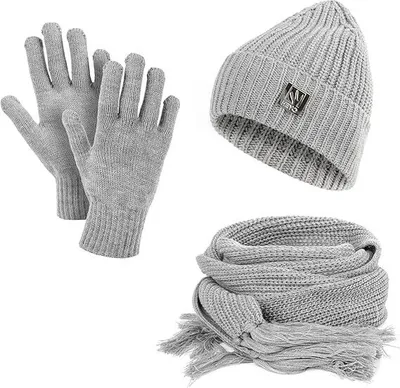 Produktbild von Damen Mütze Schal Handschuhe Set für Winter Beanie Strickmütze warm Winterschal mit Fransen Grau