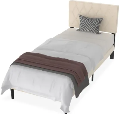 Produktbild von JOIEYOU Bettgestell 140x200 cm Bettrahmen Metallbett mit Leder Kopfteil und Lattenrost Jugendbett Gästebett Einzelbett für Schlafzimmer Gästezimmer, Beige