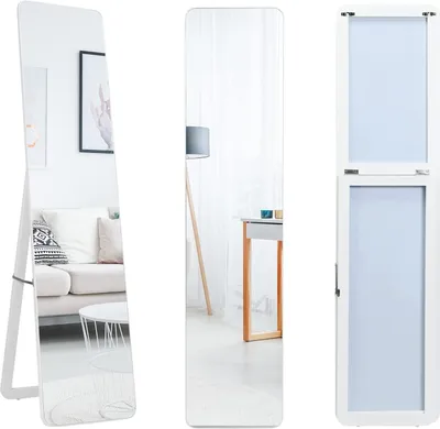 Produktbild von 2 in 1 Ganzkoerperspiegel, Standspiegel & Wandspiegel, Ankleidespiegel mit Rahmen aus Massivholz, Garderobenspiegel für Schlafzimmer & Wohnzimmer & Geschaeft, 155 x 37 cm