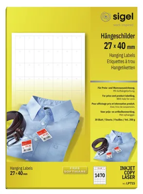 Produktbild von SIGEL LP715 Hängeschilder für Preis- und Warenauszeichnung, 27 x 40 mm, weiß, 1470 Stück