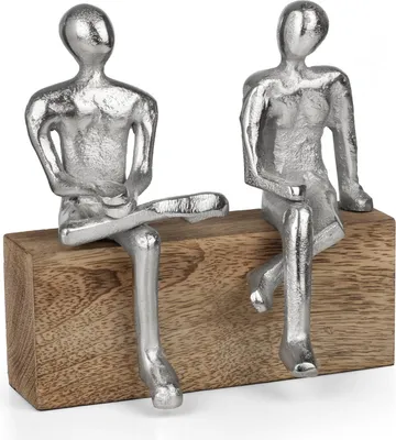 Obrázek produktu pro Dekorativní figurka přátelé sedící spolu moderní na dřevěném špalku 15 x 7,5 x 14,5 cm - abstraktní sochařství soudržnost rodina obývací pokoj kancelář police stůl dekorace nápad na dárek