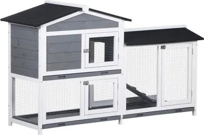 Produktbild von PawHut Kaninchenstall mit Freilaufgehege Kleintierstall aus Holz mit 2 Etagen