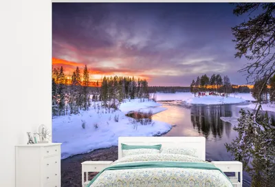 Produktbild von MuchoWow® Fototapete für Wohnzimmer oder Schlafzimmer Wandtapete Vinyl Motivtapete Ein Sonnenuntergang an einem eisigen See in Lappland - 300x240 cm - Fototapeten
