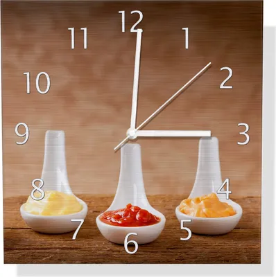 Produktbild von Wallario Design Wanduhr Verschieden Soßen auf Keramiklöffeln aus Aluverbund, Größe 30 x 30 cm