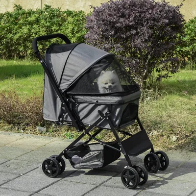 Image de Poussette pliable pour chien, poussette pour petits chiens et chats, roues avant pivotantes à 360°, gris foncé | 76,5 x 52 x 95 cm | 6,9 kg | Acier et tissu Oxford