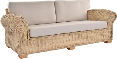 Produktbild von KRINES HOME Rattansofa Chester Lounge Liegesofa Wohnzimmer Couch Natur Rattan Sofa mit Polster Rattanmöbel (3-Sitzer, Natur Hell)