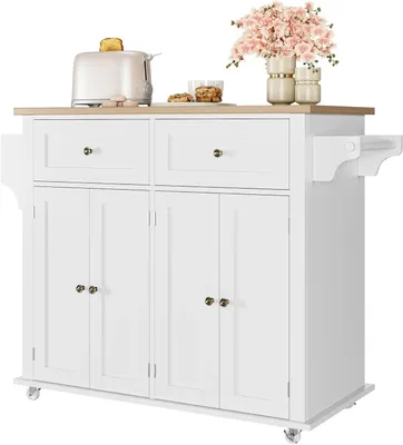 Image de Chariot de cuisine sur roulettes - Îlot de cuisine avec plan de travail en bois - Buffet avec 2 tiroirs et 4 portes - Porte-serviettes - Blanc