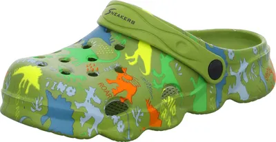 Produktbild von Badeschuhe aus EVA, grün, mit bunten Dinosauriern, wasserabweisend und leicht