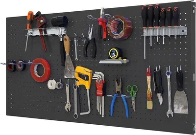 Produktbild von Werkzeugwand für die Wand – Werkzeugorganizer – Inklusive 22 Haken und 3 Halterungen – 1200 x 600 mm, anthrazitfarbene Werkzeugwand