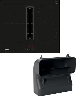 A black induction hob with an integrated extractor fan and a separate black duct attachment.