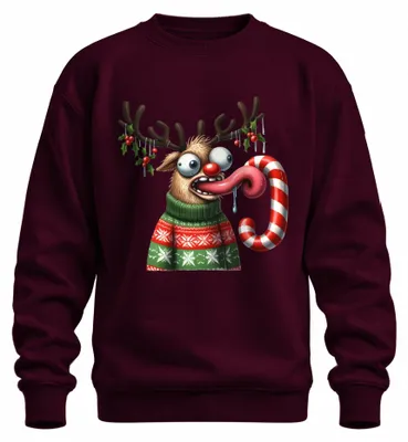 Productafbeelding van Kersttrui met een grappige cartoon van een gekke rendier met een suikerstokje, uni, bordeauxrood, maat S