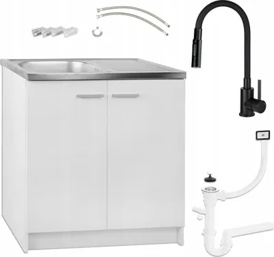 A white kitchen cabinet with a sink, faucet, and plumbing accessories.