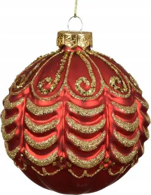 Immagine prodotto di Guaina per albero di Natale in vetro rosso da 10 cm con motivo a onde in glitter oro per decorazioni festive