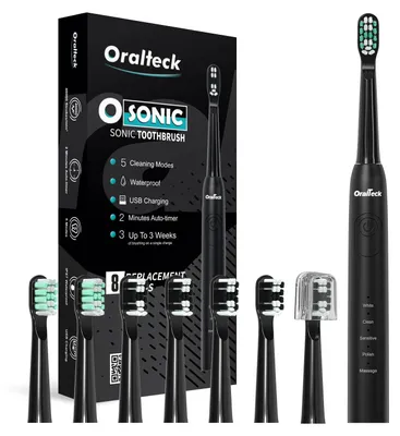 Zdjęcie produktu dla OSONIC Elektryczna szczoteczka soniczna, 8 głowic, 5 trybów, ładowanie USB, wodoszczelność IPX8, timer 2 minuty