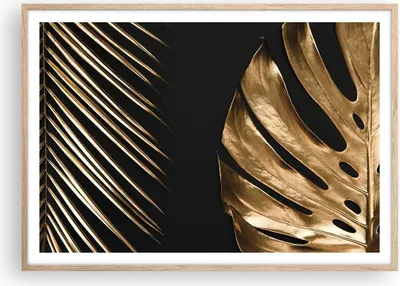 Produktbild von Gerahmtes Poster - Rahmen in heller Eiche - Golden Blatt Monstera - 100x70 cm - Wand Bild - Wanddeko - Wandbilder - Kunstposter - Wandposter - Bilderrahmen - Bilder - Kunstdruck - P2NAA100x70-5028