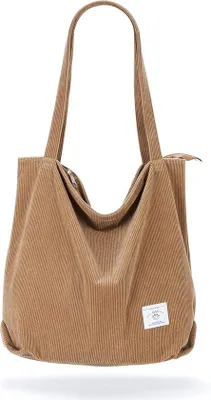 Image de Grand sac en velours côtelé pour femme, sac à bandoulière avec fermeture éclair, grand sac de courses, sac à main, sacs à bandoulière pour le travail, le bureau, les voyages, les courses, l'école et un usage quotidien