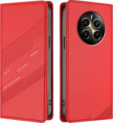 Image de Étui pour Realme 12+, étui portefeuille en cuirPolyuréthaneavec fente pour carte et fonction stand Rot