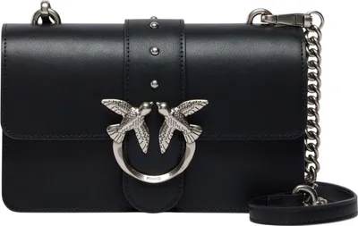 A black leather handbag with a silver buckle and chain strap.