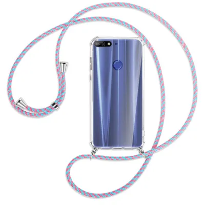 Produktbild von Handykette Backcover-Schutzhülle mit Band (Metall silberfarben) für Huawei Y7 (Prime) 2018 / Honor 7C - pink/mint