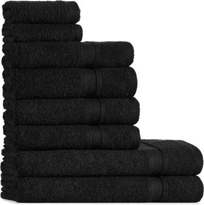 Immagine prodotto di Set di asciugamani da bagno, composto da 8 pezzi, 100% cotone, colore nero, include asciugamani da bagno e asciugamani per gli ospiti, ideale per il bagno