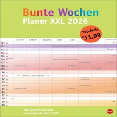 A calendar planner with colorful sections and dates.