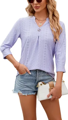 Produktbild von ASKSA Damen T-Shirt 3/4 aermel Aushoehlen Bluse V-Ausschnitt Sommer Tunika Elegant Shirts Tops, Violett, Groesse: XXL