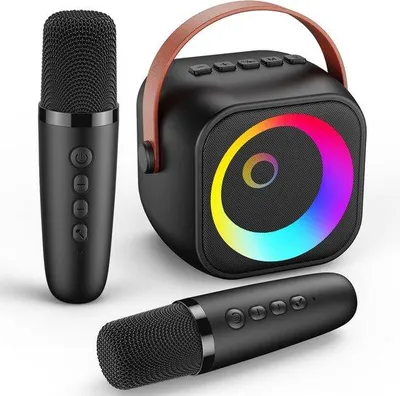 Obrázek produktu pro Sada pro karaoke Unyqoos® pro děti – 2 bezdrátová mikrofony, RGB LED osvětlení, Bluetooth 5.3 (15 m), 360° zvuk, 5 hlasových efektů, výdrž 6–10 hodin, USB-C, ideální pro oslavy