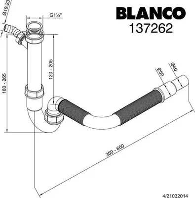 A technical drawing or diagram of a sink siphon with dimensions and specifications.