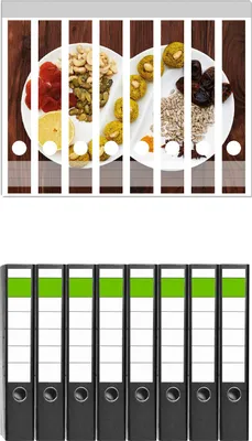 Produktbild von Wallario 8 Stück schmale Ordner inkl. Klebeetiketten mit Motive Trockenfrüchten und Nüssen - Gesundes zum Knabbern -  Set mit Rückenschildern / Ordnerrücken Stickern