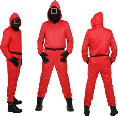 Zdjęcie produktu dla Czerwony kombinezon – drużyna czerwona – kwadrat – 128–164 cm – z maską z siateczki – kostium dla dzieci, rozmiar 152 cm