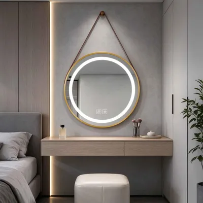 Produktbild von Zimilo LED Badspiegel Rund 60 cm Gold mit Beleuchtung, Wandspiegel Dimmbar Touch, Beschlagfrei Badezimmerspiegel 3 Lichtfarben, mit Lederband