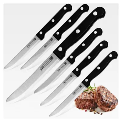Produktbild von Steak- und Pizzamesser 6er-Set, Fleischmesser mit Edelstahlklinge, Messer in Schwarz/Silber, Menge: 6 Stück