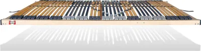 A wooden slatted bed base with a reflection underneath, presented on a white background.