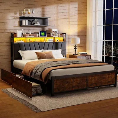 Productafbeelding van Metaalbed, tweepersoonsbed, 180x200 cm, met LED-verlichting en USB-oplaadpoort, 4 lades met metalen lattenbodem, bekleed bed met opbergruimte, zwart