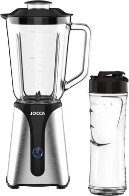 Zdjęcie produktu dla Mikser JOCCA 350 W, Szklany dzbanek 1 L, Butelka 600 ml, Czarny, 4 ostrza ze stali nierdzewnej