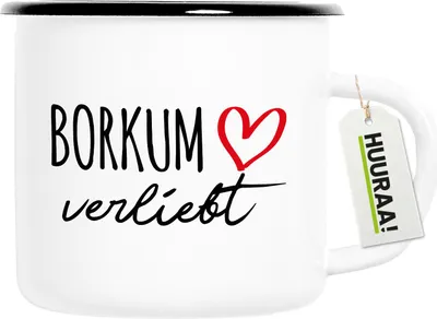 Produktbild von Huuraa Emaille Tasse Borkum verliebt 300ml Vintage Campingbecher Geschenkidee