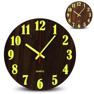 Holz-Wanduhr, leuchtend, Ø 25 cm, geräuschlos, großes Zifferblatt