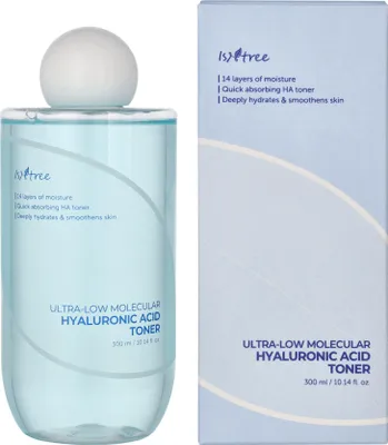 A bottle of Isntree Hyaluronic Acid Toner and its packaging are displayed side-by-side against a white background.